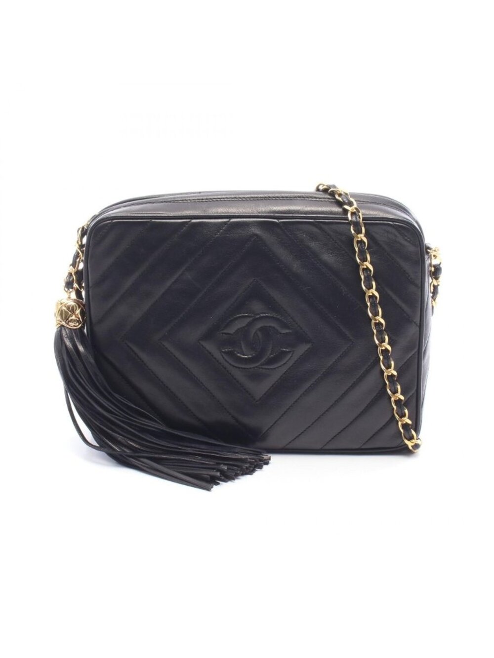 Chanel Shoulder Bag Diamond Stitch CC Logo Tassel Black Lambskin Fringe Chain